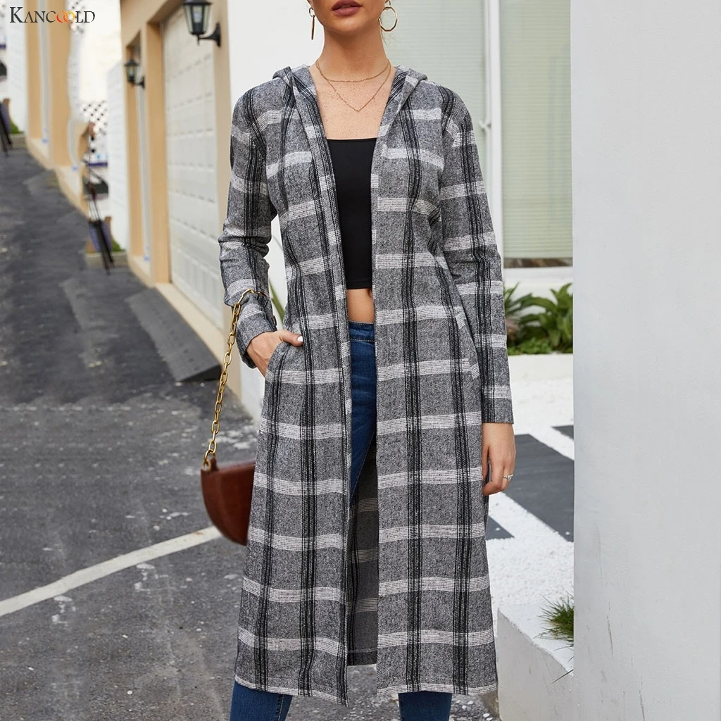 KANCOOLD пальто для женщин Осень Зима Повседневное с капюшоном шерстяное клетчатое