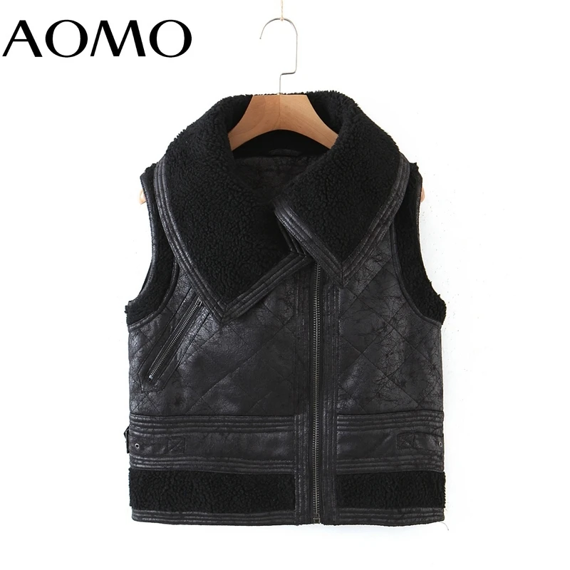 

AOMO, женский черный жилет из искусственной кожи без рукавов, толстые парки 2021, зимние женские теплые элегантные пальто на молнии с карманами ...
