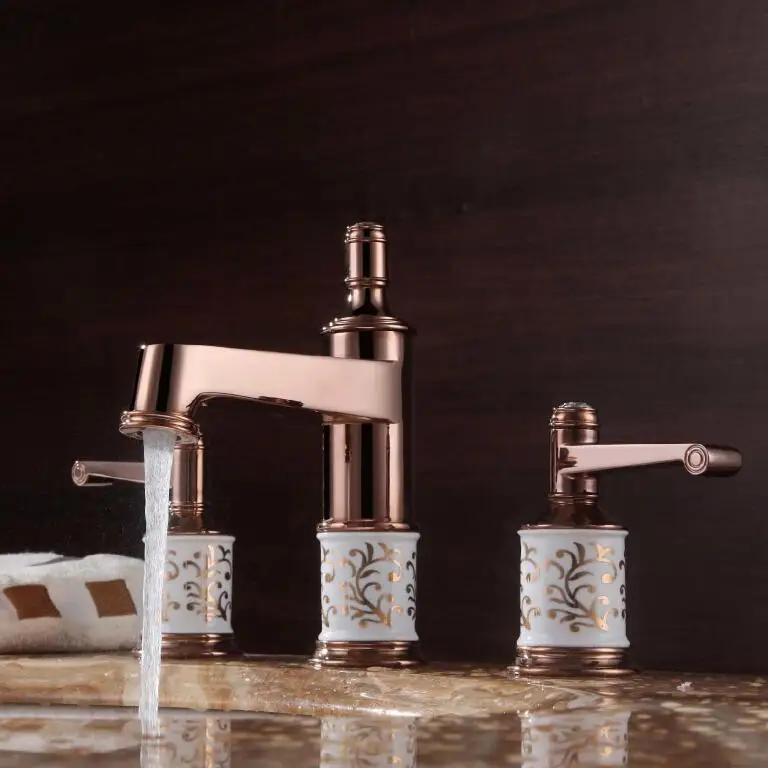 

Authentic European classical imitation gold-plated ceramic basin taps double the three-hole split marble basin-wide copper