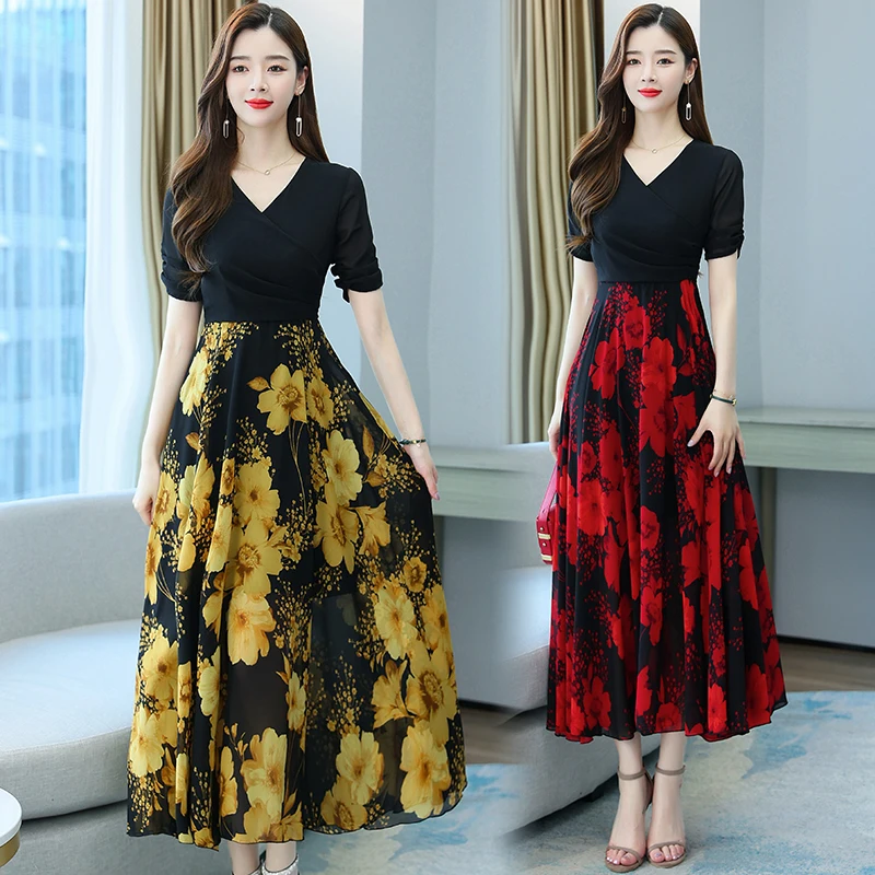 

Vintage Chic Vestidos Women Floral Print Pleated Puff Sleeves Beach Maxi Dress Ladies Sexy V-neck New Summer Bohemian Long dress