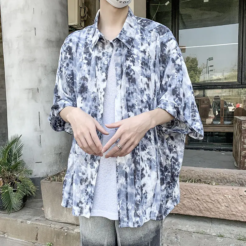 

Summer Tie-dye Shirt Men's Fashion Retro Casual Shirt Men Streetwear Korean Loose Short-sleeved Shirt Mens Hawaiian Shirt S-2XL