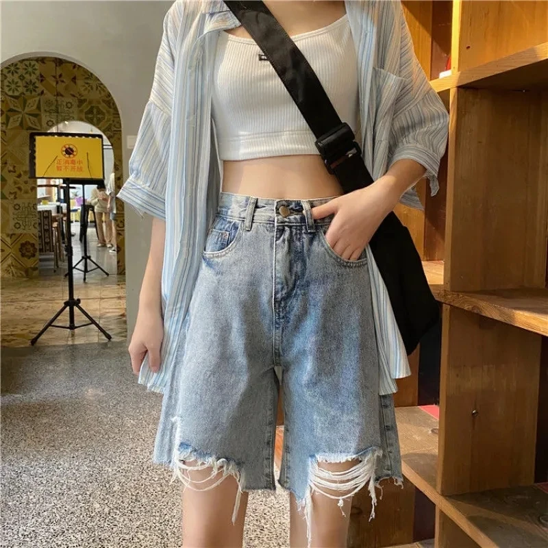 

2021 Summer Women's Short Jeans Streetwear High Waist Denim Pants Vintage Baggy Wide Leg Seven Points Hole Short Trousers New