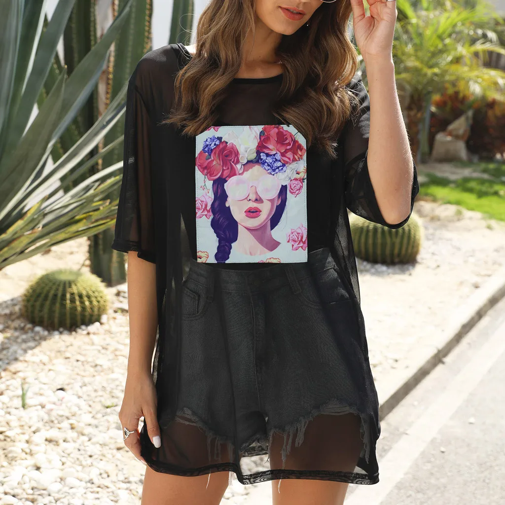 Женский купальный комбинезон платье бикини с принтом половина рукава сетчатая