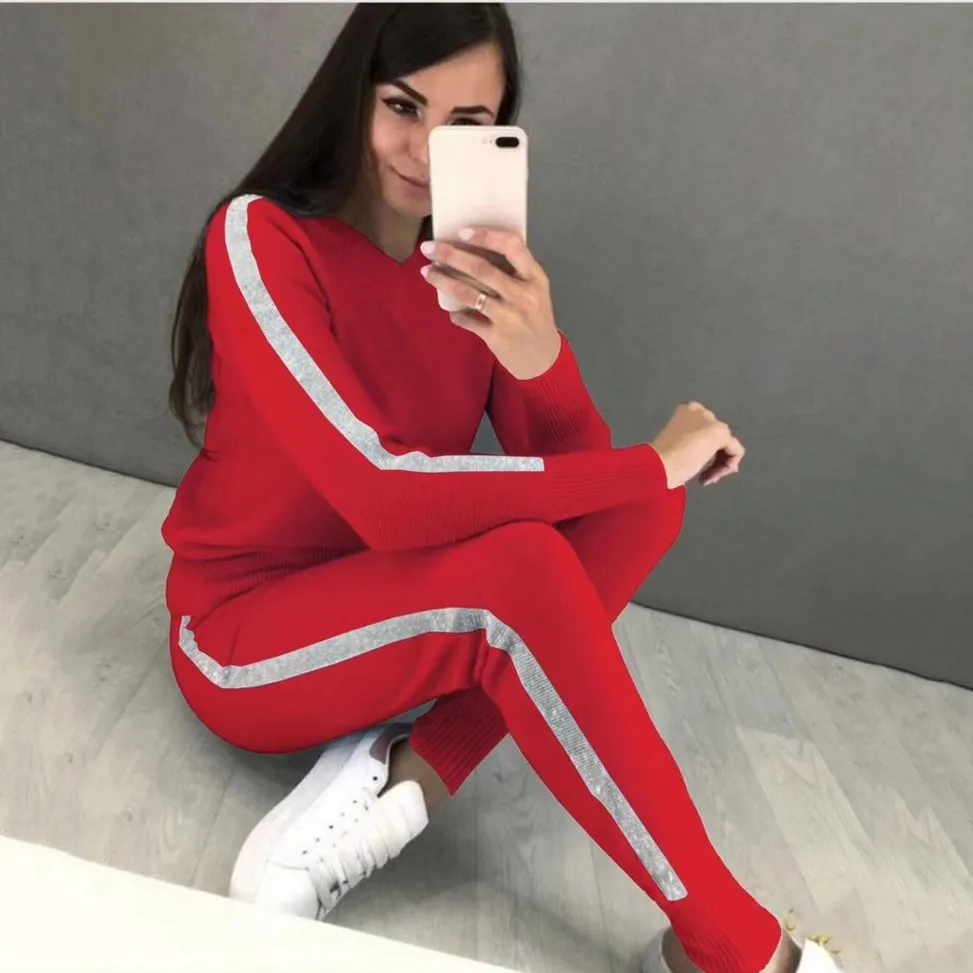 Осень 2019 зимний теплый вязаный комплект спортивная одежда с v образным вырезом