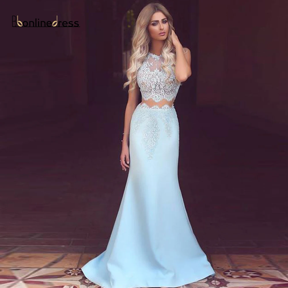 Небесно голубое вечернее платье из двух частей очаровательное русалка Длинные