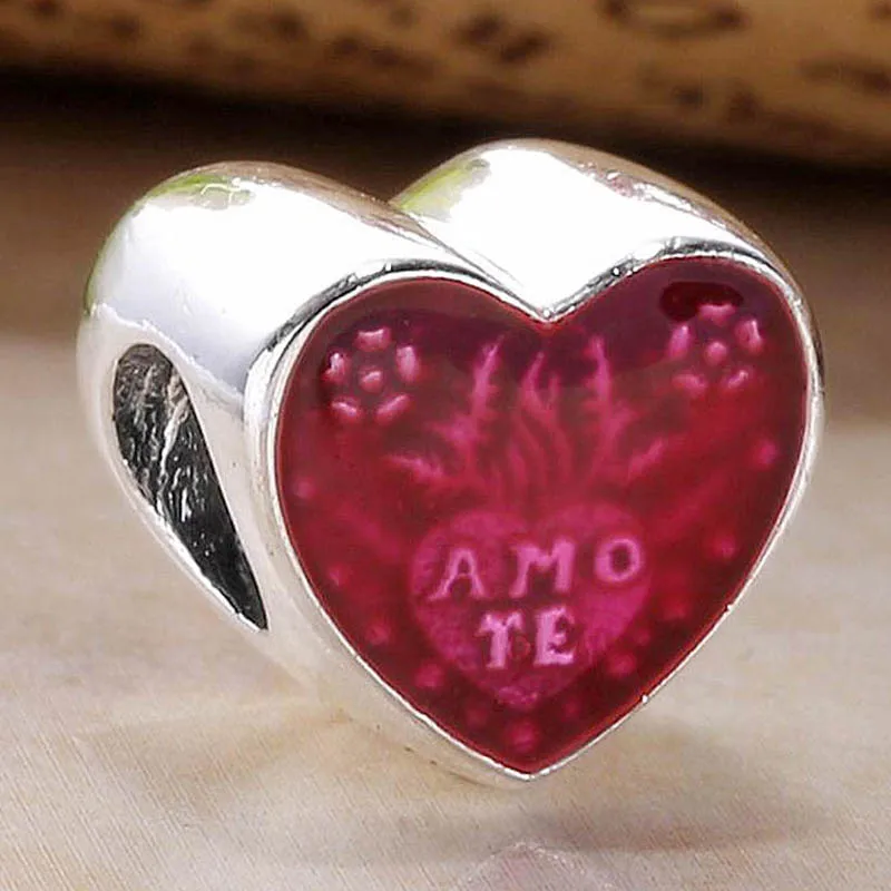 

New 925 Sterling Silver Charm Red Enamel Latin Love Heart Bead Fit Original Bracelet Necklace DIY Jewelry