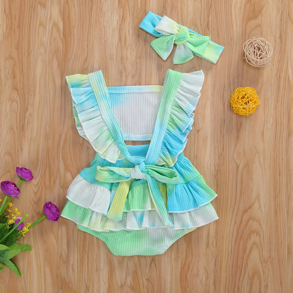 

SUNSIOM Infant Baby Girl Clothes Short Romper Gradient Color Ruffle Sleeveless Jumpsuit Headband Sets Baby Summer Clothing 0-24M