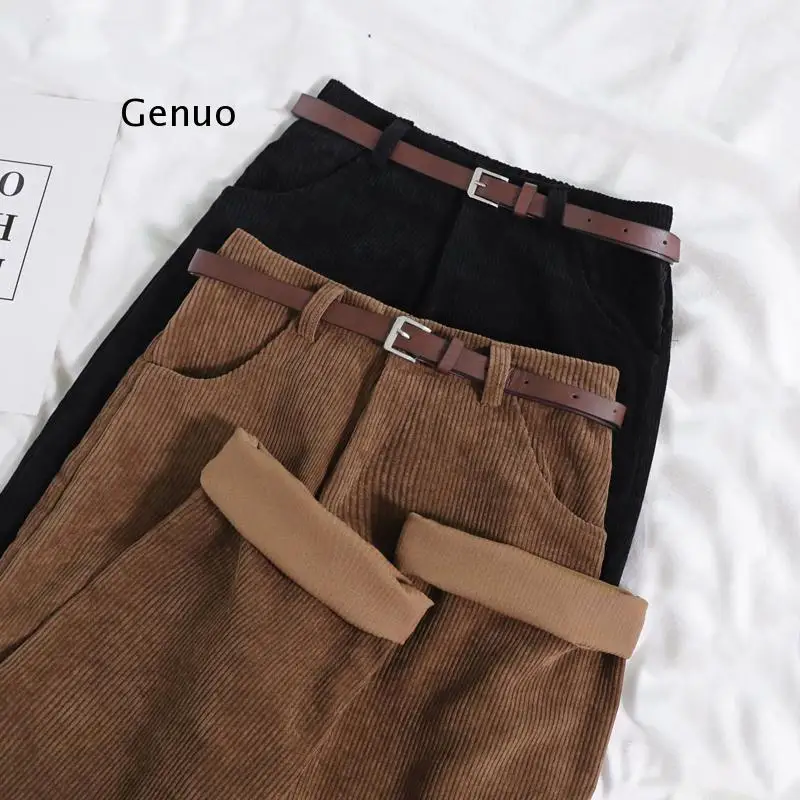 

Women Spring Corduroy Pants High Waist Vintage Korean Wide Leg Pants Elegant Belt Loose Cotton Streetwear