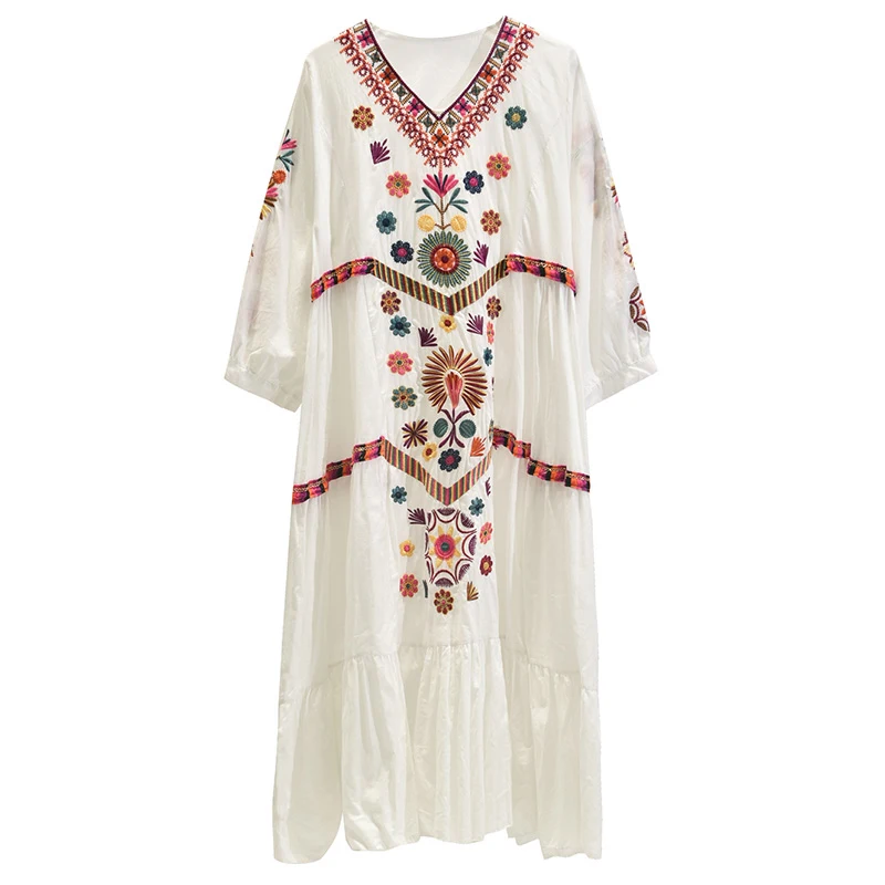

PERHAPS U Women Bohemia White Yellow V Neck Vintage Floral Embroidery Dress 3/4 Sleev Loose Long Beach Holiday Dress D2267
