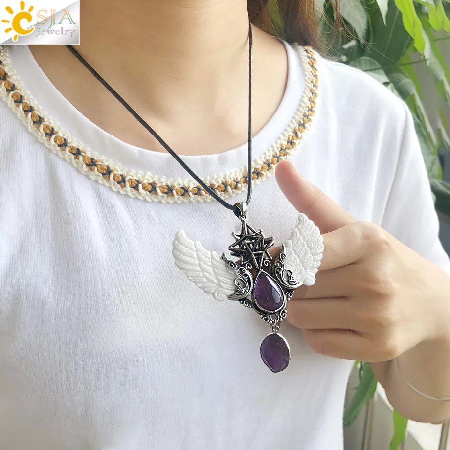 CSJA Merkaba Water Drop Crystal Necklace Natural Stone Pendants Vintage Angel Wing Jewelry Lapis Lazuli Necklaces Collier G780 |