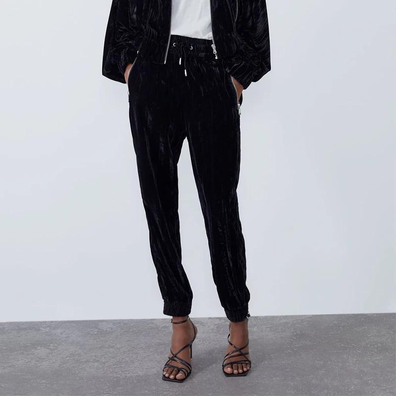 2020 Za Новая повседневная модная женская одежда черные однотонные бархатные штаны