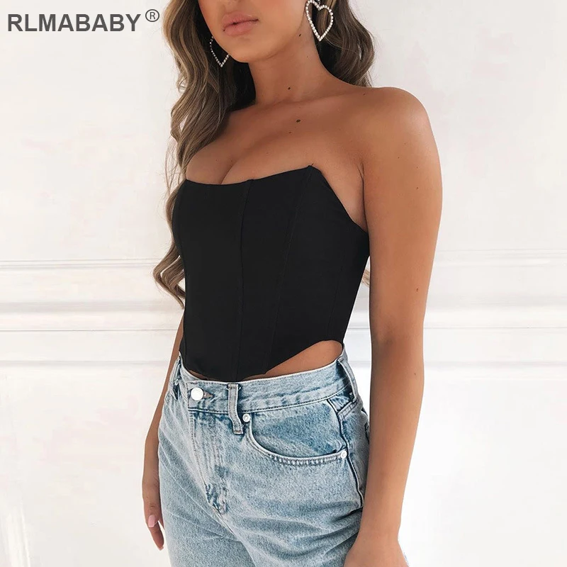 RLMABABY, атласный корсет без бретелек, сексуальный женский розовый укороченный топ, тонкий женский черный короткий топ с открытыми плечами, вечерние топы для ночного клуба, красный топ на бретелях