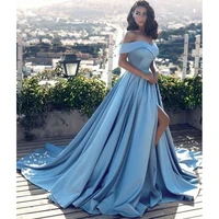 sexy light blue evening dresses high side split sweep train satin long prom dress strapless lace up back fast shipping
