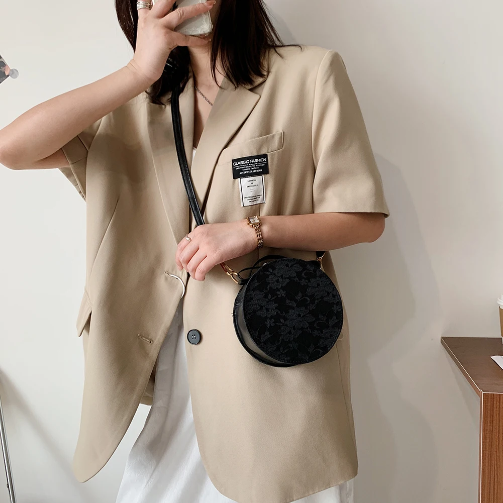

Women's Fashion Leather Handbags Women Lace Flower PU Solid Color Round Shoulder Messenger Bag Fashion Mini Purse