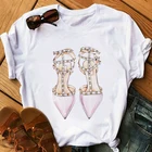 2021 футболки в стиле Харадзюку, топы, подарок для девушки, розовая футболка на высоком каблуке, женская обувь с цветочным принтом и бантом, футболки, женская летняя футболка