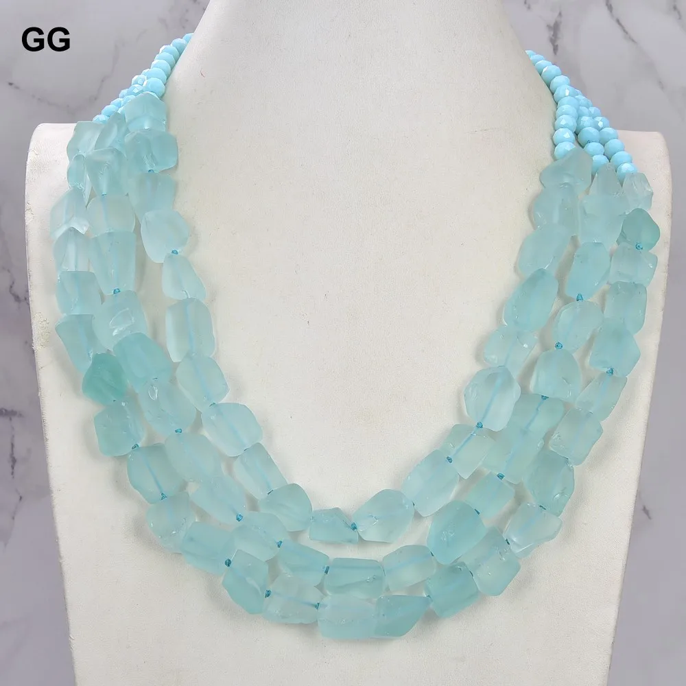 

GuaiGuai Jewelry 3Strands 24''-28'' Blue Glass Rough Nugget Crystal Necklace