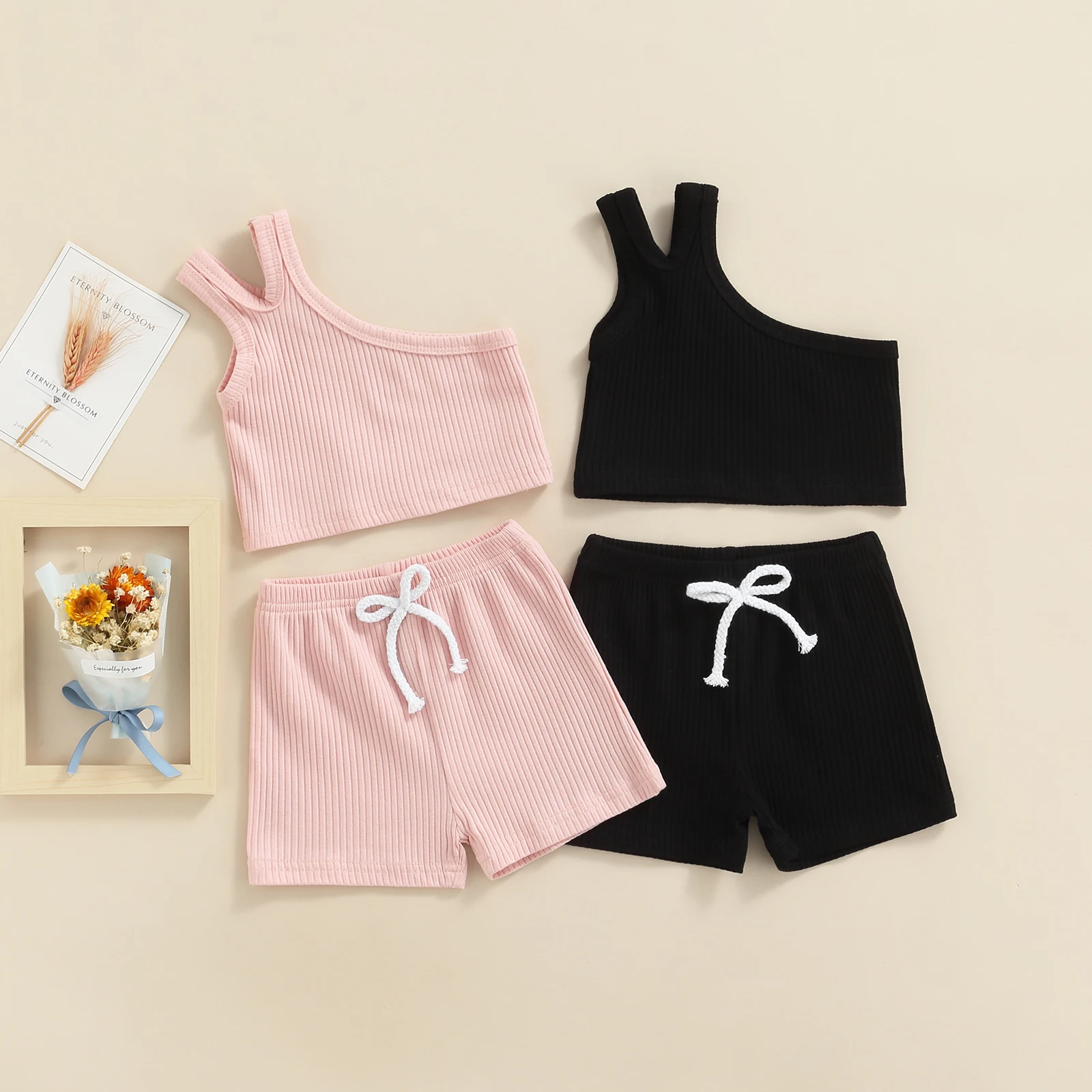 Summer 2Pcs Infant Solid Color Cotton Outfits Baby Girls Clothing Ribbed One Shoulder Tank Tops Drawstring Shorts with Bow