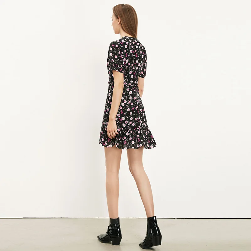 

2021 Spring Summer Women Floral Mini Dress Lady Zipper V-Neck Short Sleeve Pleated Ruffles Trim Short Dresses Holiday Party