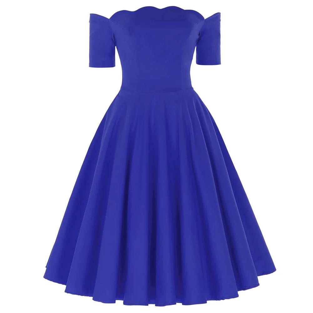 

BP Elegant Dresses For Women Retro Prom Dresses Solid Vintage Solid Short Sleeve Off Shoulder Wave Neck Flared A-Line Dress