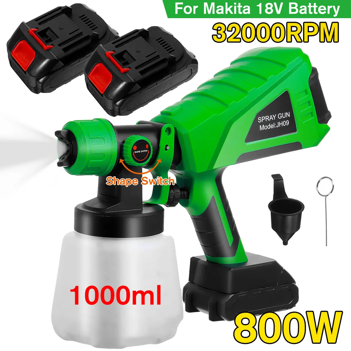 

1000ml 800W Cordless Electric Paint Sprayer Spray Gun 2 Batteries Airbrush Nozzle Adjustable Car Spraying for Makita 18V Battery