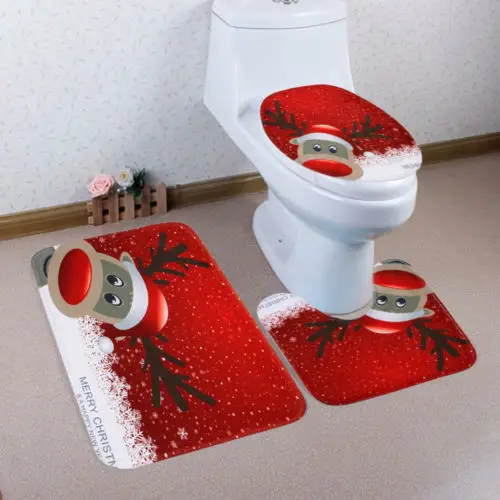 

3pcs Set Christmas Non-Slip Pedestal Rug + Cover Toilet Cover + Bathroom Mat Set Xmas Santa Toilet Decoration