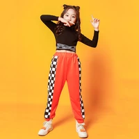 kid hip hop clothing mock neck crop top long sleeve t shirt checkered orange split jogger pants for girls dance costume clothes
