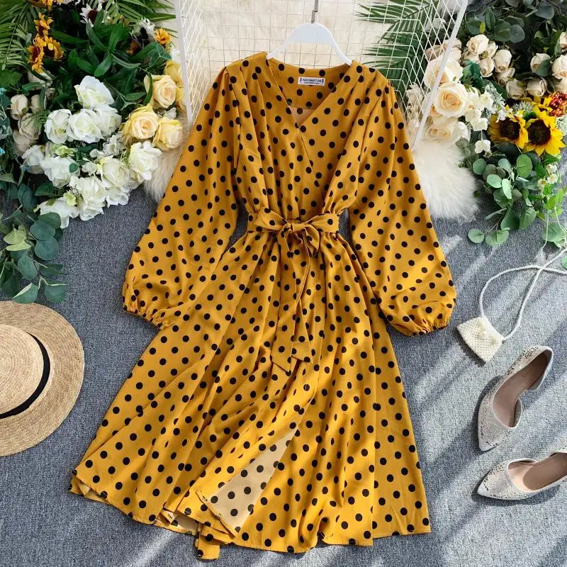 Женское винтажное платье в горошек с v-образным вырезом длинным рукавом и высокой