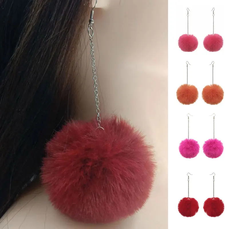 

1Pair Jewelry Lovely Ball Dangle Earrings Long Pendant Fake Rabbit Faux Fur Pom Pom Dangle Earring