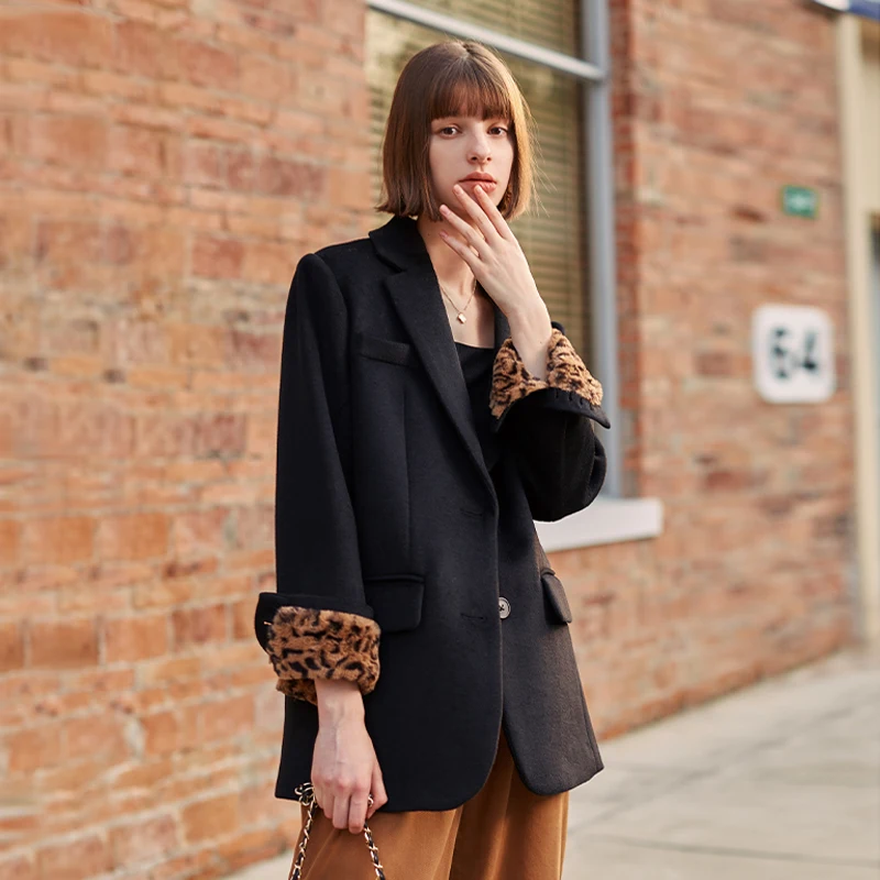 Женское шерстяное пальто AEL зимнее Стеганое с длинным рукавом и леопардовым