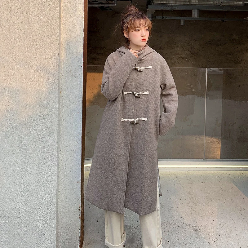 

Winter New Woolen Coat Women Long style Duffle Coat Vintage Student Hooded Horn Buttons Coats Side Split Korean Overcoat