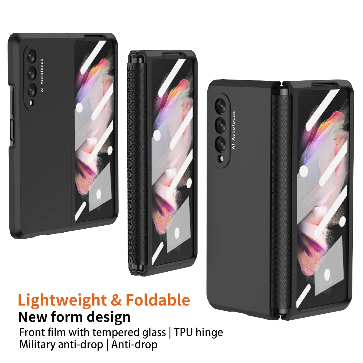 Bisagra de TPU suave de protecci&oacute;n, funda de tel&eacute;fono de PC dura esmerilada para Samsung Galaxy Z Fold 3 Fold2 5G, cubierta protectora con pel&iacute;cula de vidrio frontal-0