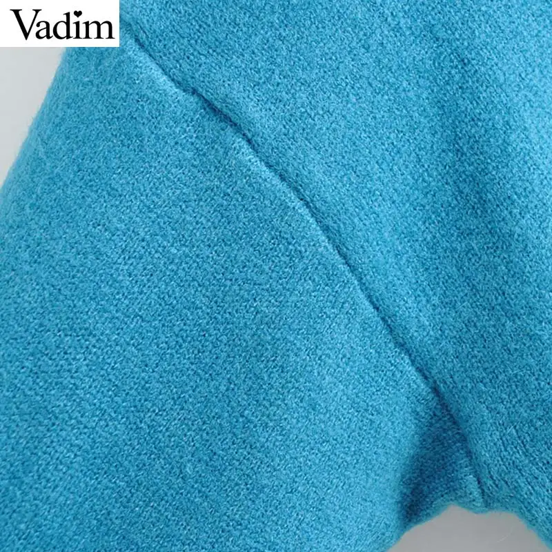 Vadim women elegant blue knitted sweaters stand collar long sleeve stretchy loose pullovers female casual warm basic tops HA616 | Женская