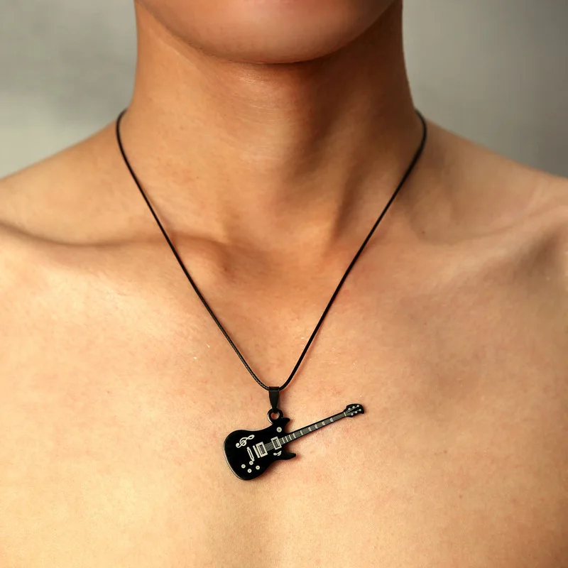 Fashion Stainless Steel Guitar Necklace For Men Pendants Leather Chain Necklaces | Украшения и аксессуары