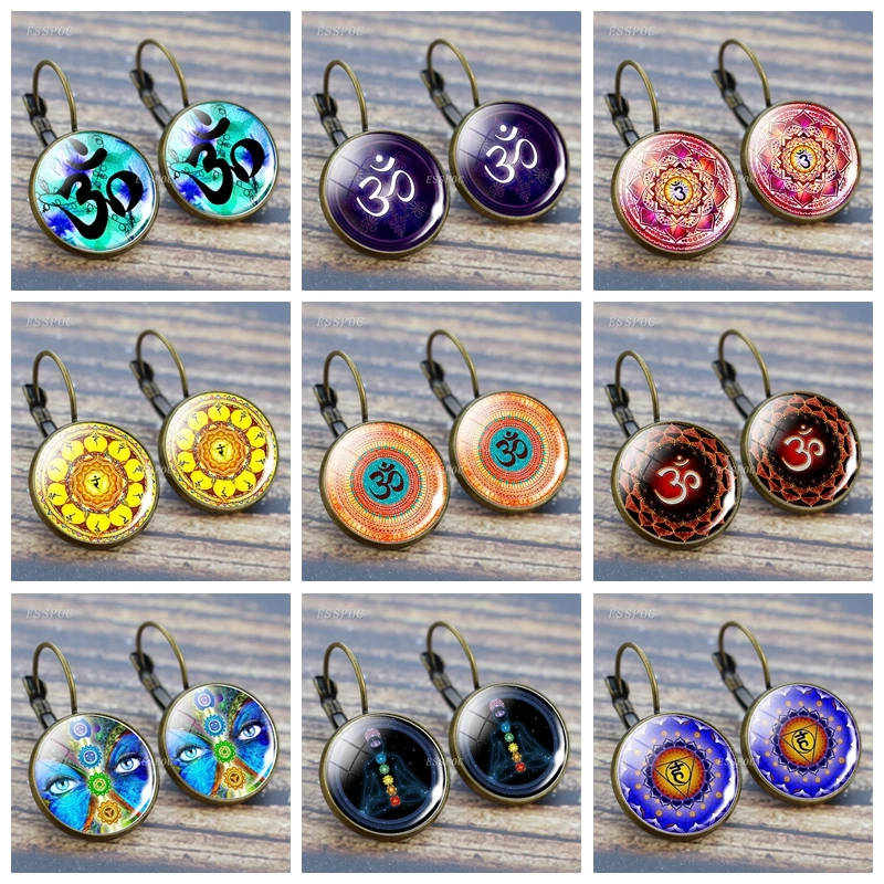 

Charm Henna Yoga Amulet Ladies Round Hook Earrings Glass Cabochon Earrings Jewelry Mandala Symbol Bohemia Ladies Earrings