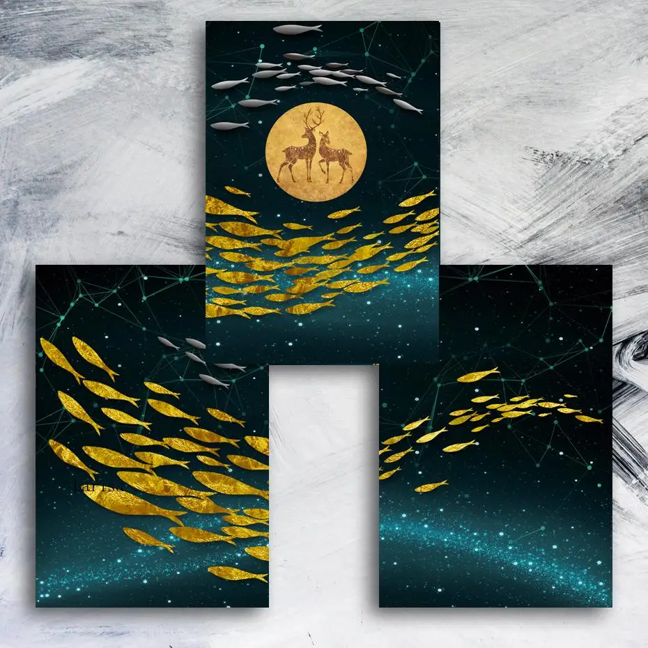 

Nordic Abstract Gold Fish Elk Canvas Print Wall Art Posters Decorative 3 Pieces Paintings for Living Room Home Wall Decoration