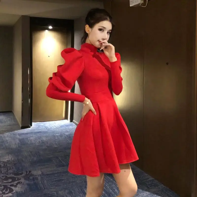 

New 2020 Hot Sale Korean Slim A-line Dresses Women Autumn Winter Long Sleeve Turtleneck Casual Dress Female Party Vestidos