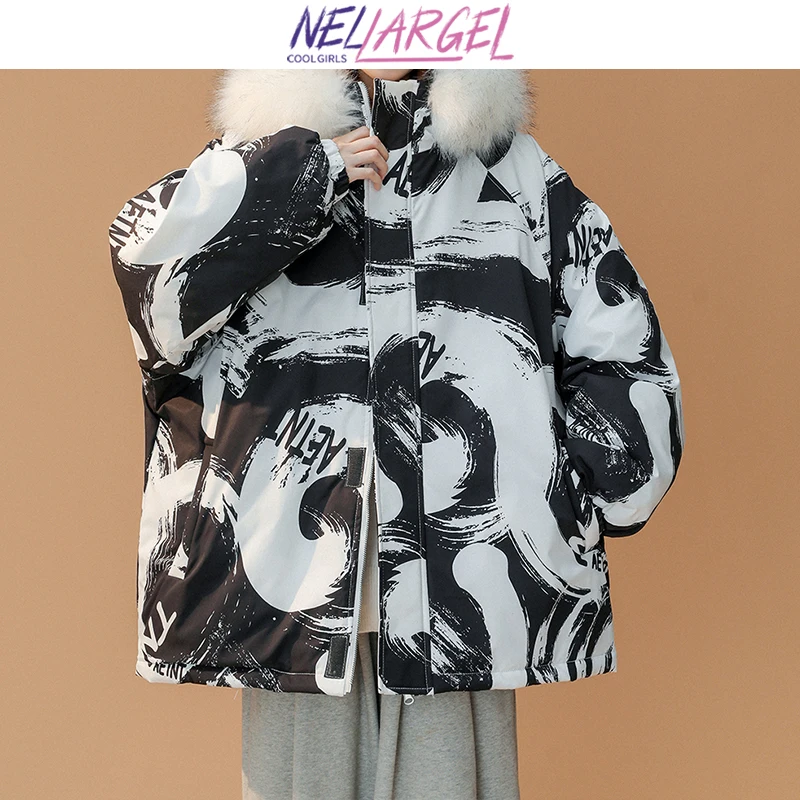 

NELLARGEL Women Harajuku Winter Hooded Jackets 2023 Female Print Korean Fur Collar Bubble Coat Girl Streetwear Casual Jacket Top