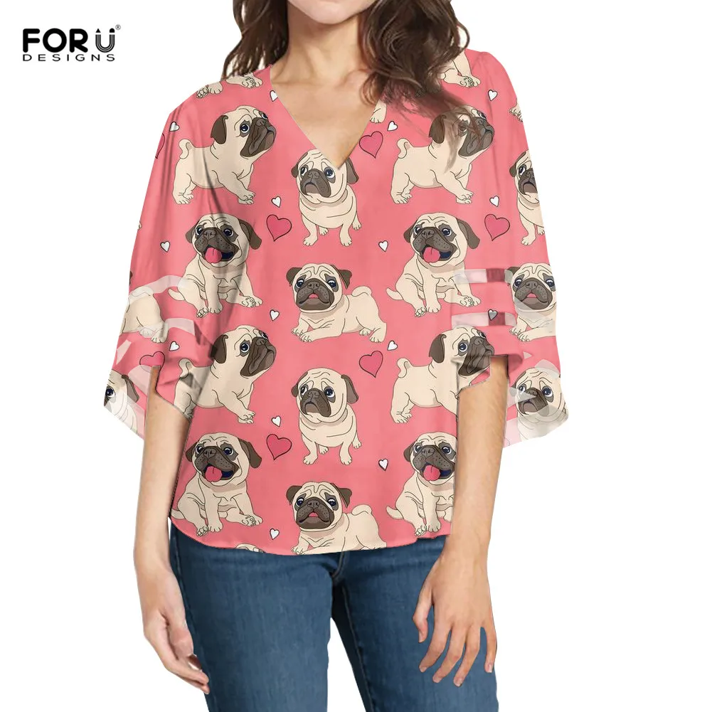 

FORUDESIGNS/милые женские шифоновые блузки с изображением мопса, кружевные лоскутные расклешенные рукава, модные блузки, свободные топы с v-образ...