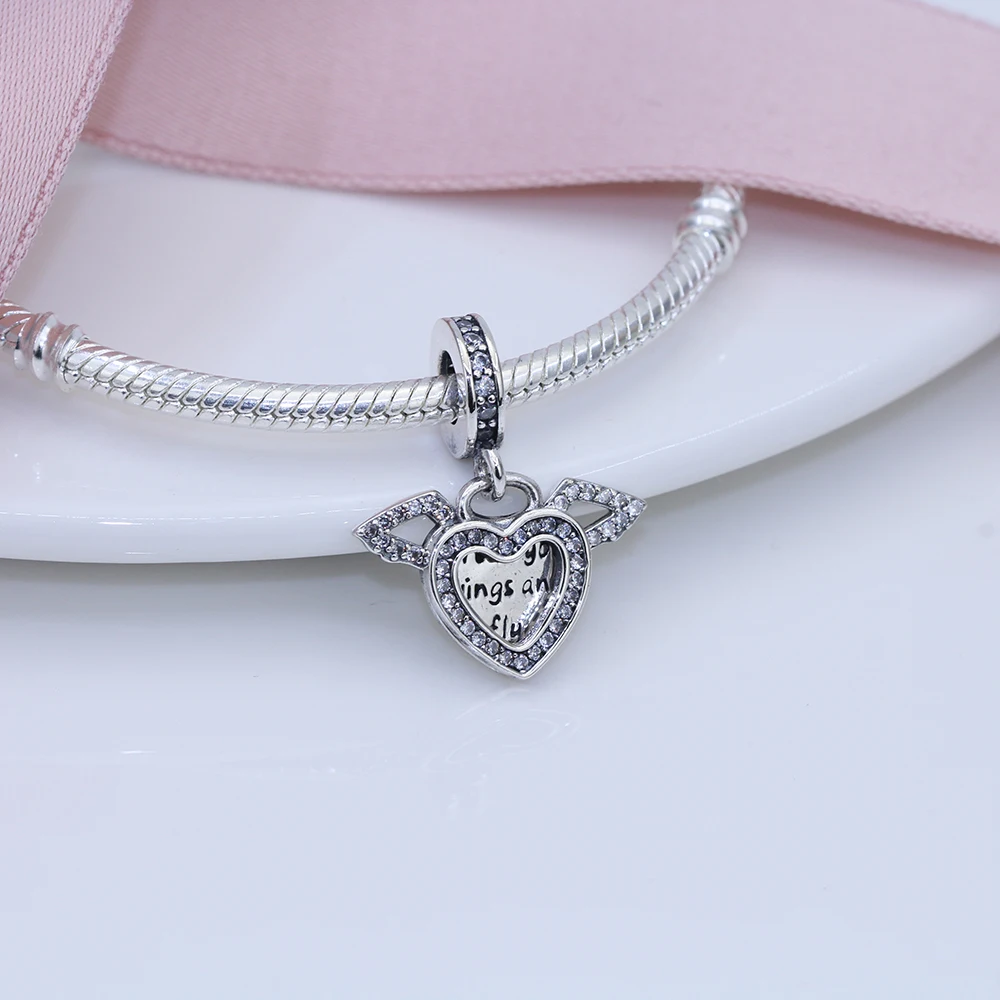 

Fit Original Pandora charms bracelet beads S925 sterling silver Small Wings Heart-shaped Double Pendant Female Fashion Jewelry