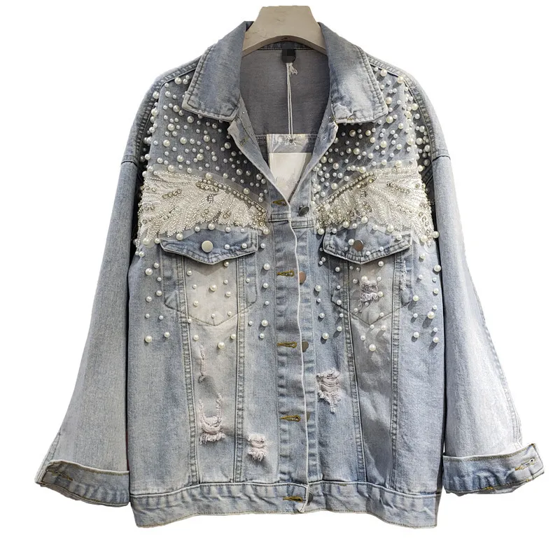 

2021 Spring New Denim Jacket Women Fashion Diamond Beaded Pearl Single-Breasted Loose Vintage Hole Jeans Coat Female Tops H1486