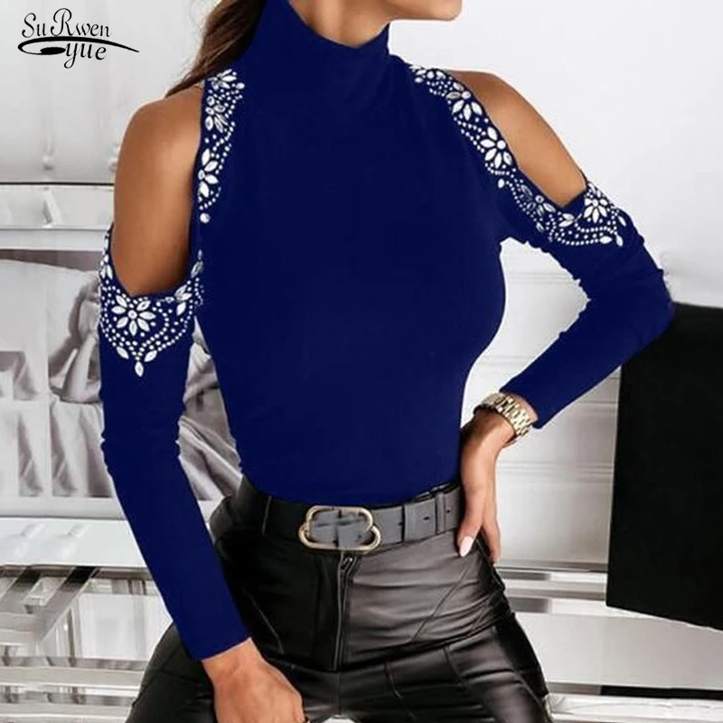

Spring Fashion New Sexy Solid Color Women's Sweater Off-shoulder Beading Sweater Women Sexy Women's Turtleneck Pull Femme 12588