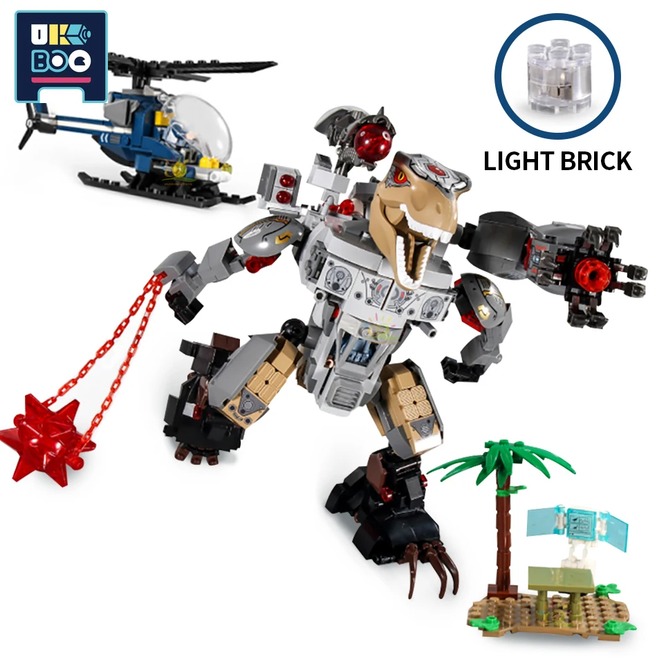 

UKBOO 901PCS Jurassic Dinosaur Mecha Model Building Blocks City Dino Theme Park Boy Helicopter Weapons Bricks Toys For Children