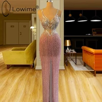 luxury pink beading tassel evening dresses spaghetti sexy see through illusion long evening gowns custom made formal dress
