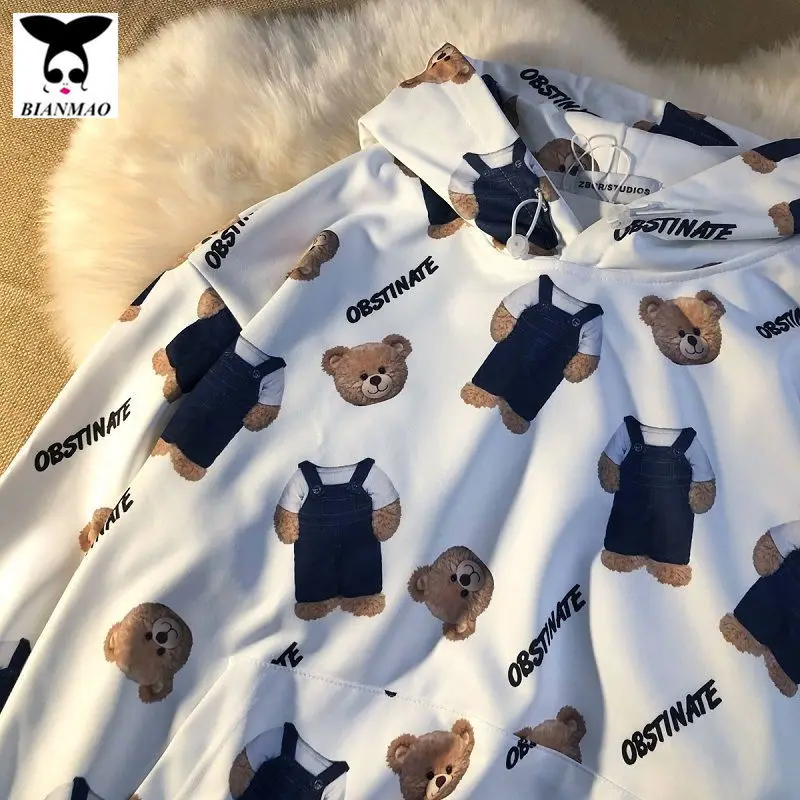

Harajuku Women Graphic Bears Hoodies Long Sleeve Thick Pullover Autumn Winter Kawaii Oversized Loose Animals Hoodies
