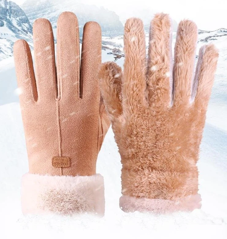 

2021 Luxury Suede Gloves Mitts Full Finger Mittens Right Index Finger Screen Glove Velvet Thick Women Winter Warm