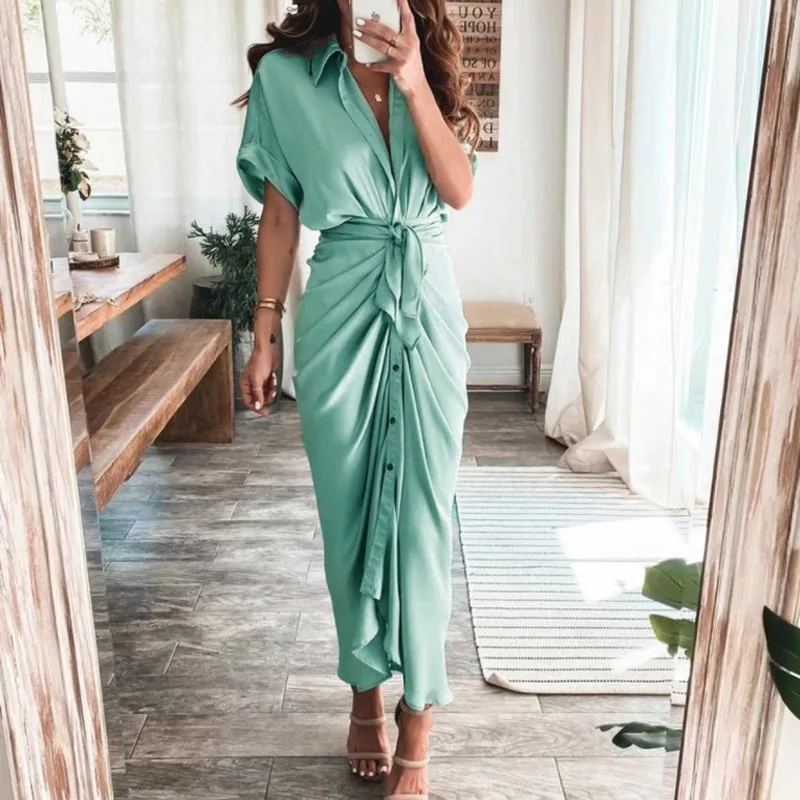 

Women Summer Sexy Deep V Party Dress Elegant Button Draped Bandage Shirt Dress Fashion Casual Short Sleeve Lady Beach Long Dress