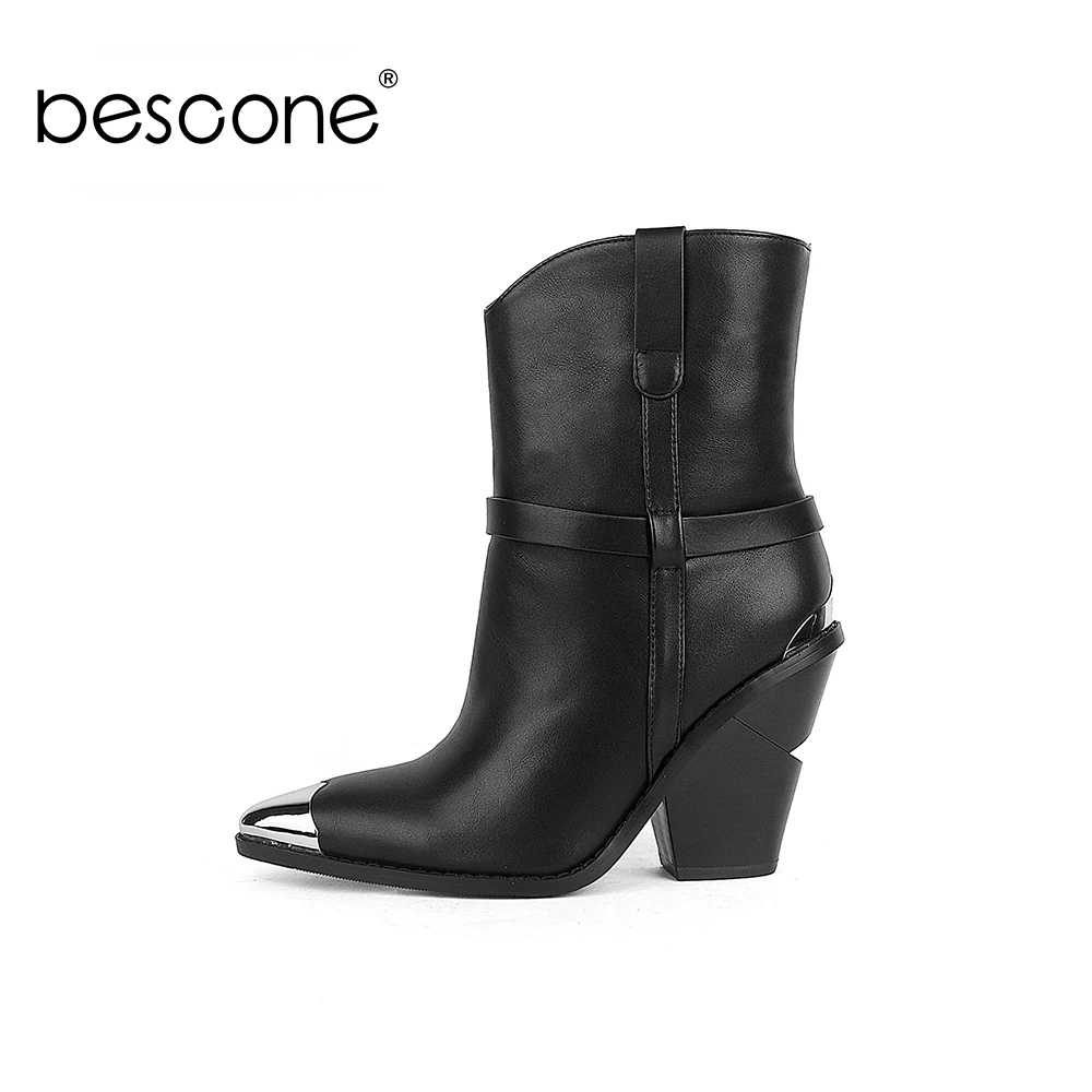 Женские ботинки BESCONE зимние черные ручной работы с острым носком на квадратном