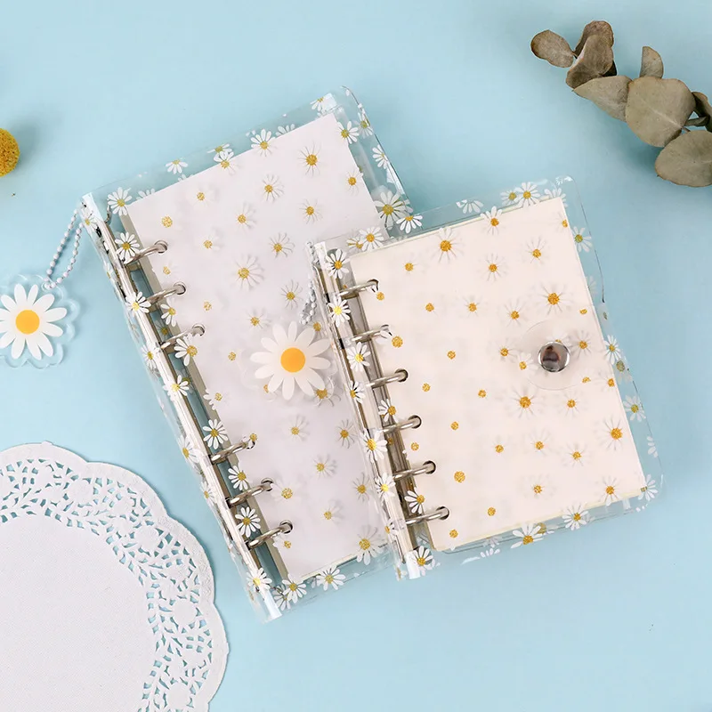 

Cute Daisy Spiral Loose-leaf Notebook Binder 6 Holes Kawaii Notepad Cover with Storage Bag Transparent Diary Planner Journal