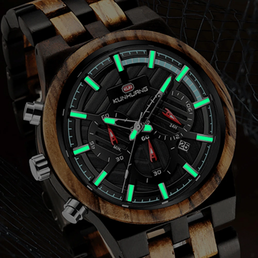 Erkek saati KUNHUANG Retro wooden Men&amp#39s watch Quartz Movement Complete Calendar Wood Watch Week Display relogio masculino | Наручные