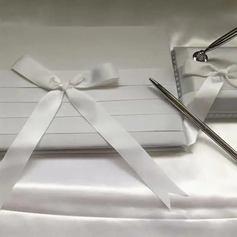 Bow Decor Guest Book Guestbook Classic White Ribbon Design with Sign Pen Hardbound In for Wedding 1Set | Дом и сад
